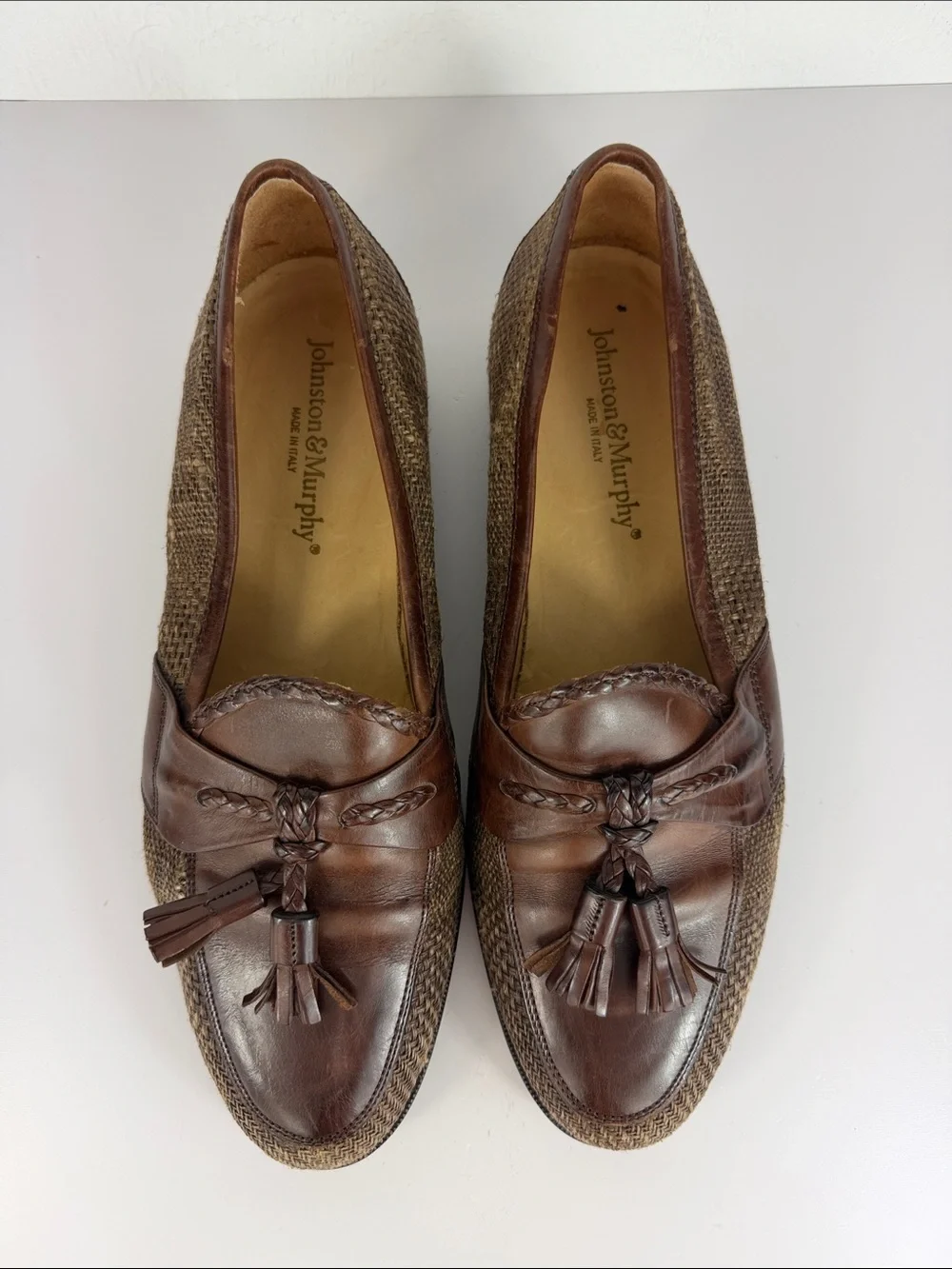 Johnston & Murphy Mens Brown Leather Tassel Loafers Italy Woven Size 9 M Shoes